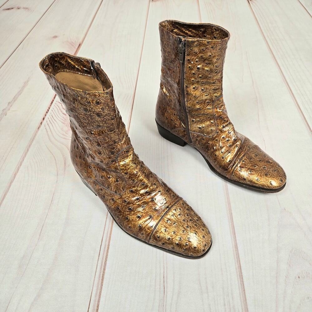 Vintage Patent Ostrich Skin Boots Brown Bronze 42 / 11.5-12